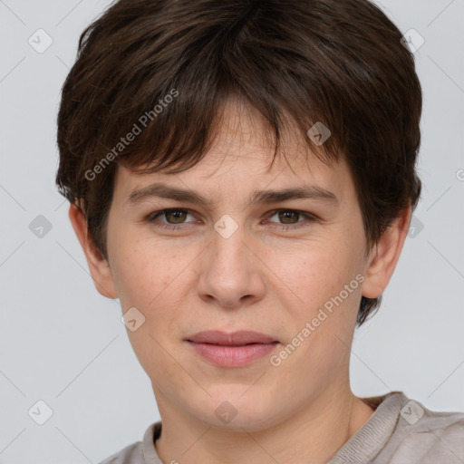 Joyful white young-adult female with short  brown hair and brown eyes