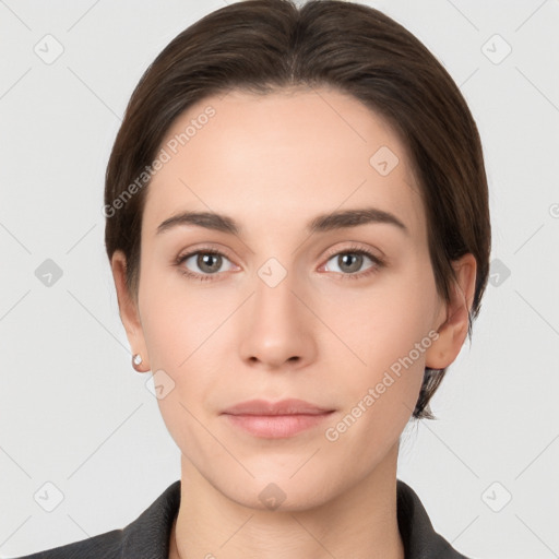 Neutral white young-adult female with short  brown hair and brown eyes