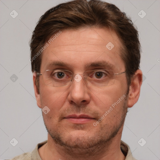 Joyful white adult male with short  brown hair and grey eyes