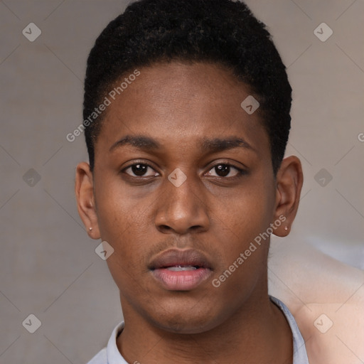 Neutral black young-adult male with short  black hair and brown eyes