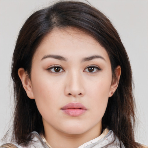 Neutral white young-adult female with medium  brown hair and brown eyes