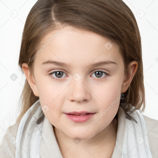 Joyful white child female with medium  brown hair and brown eyes