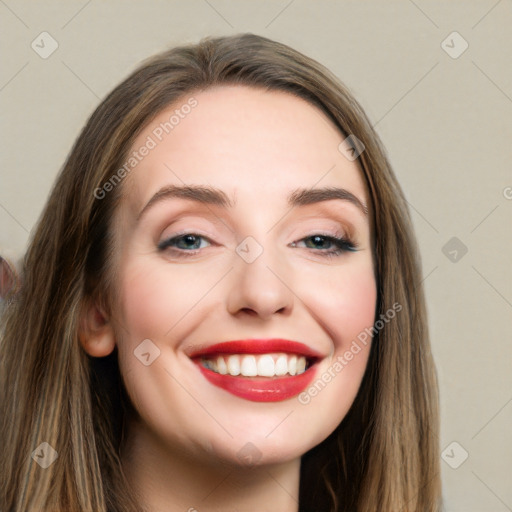 Joyful white young-adult female with long  brown hair and grey eyes