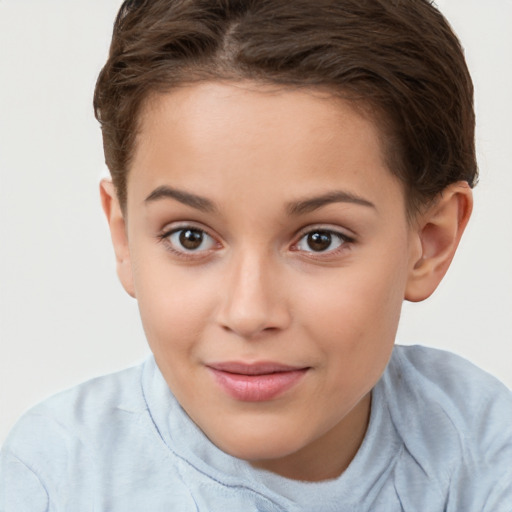 Joyful white child female with short  brown hair and brown eyes