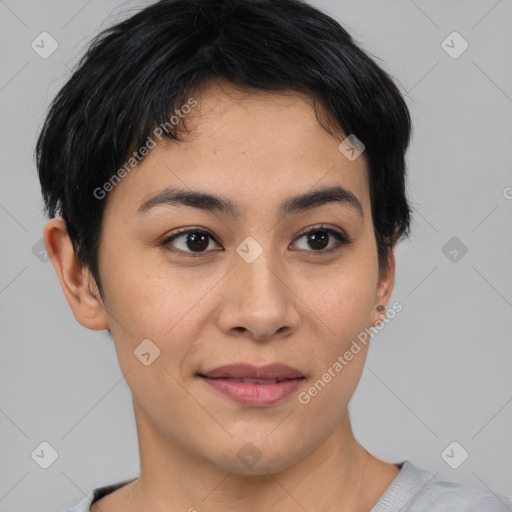 Joyful asian young-adult female with short  brown hair and brown eyes