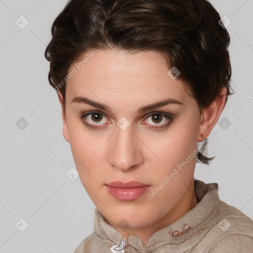 Neutral white young-adult female with short  brown hair and brown eyes