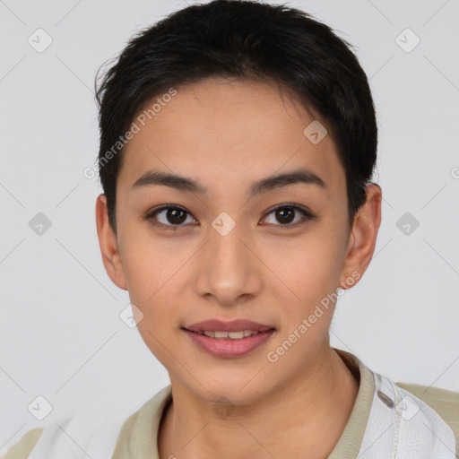 Joyful latino young-adult female with short  brown hair and brown eyes