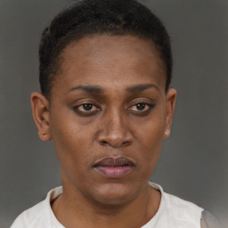 Neutral black young-adult female with short  brown hair and brown eyes