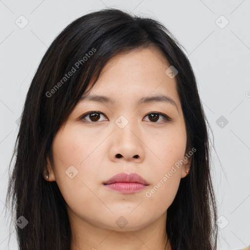 Neutral asian young-adult female with long  brown hair and brown eyes