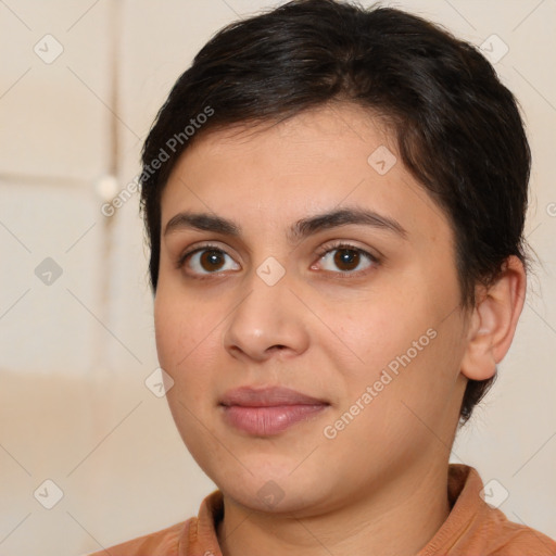 Joyful white young-adult female with short  brown hair and brown eyes