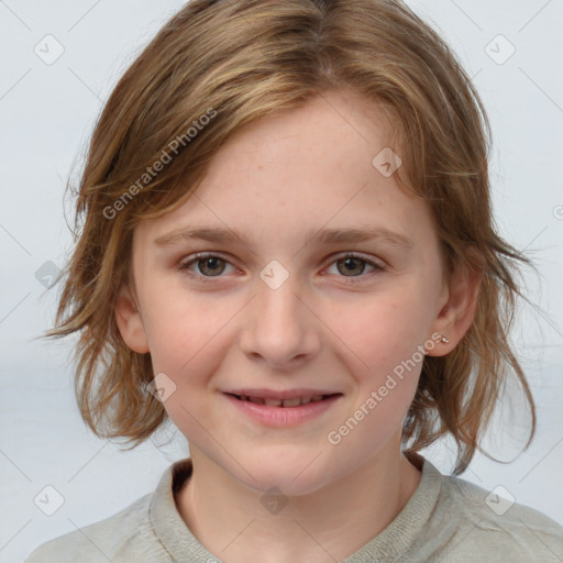 Joyful white child female with medium  brown hair and blue eyes