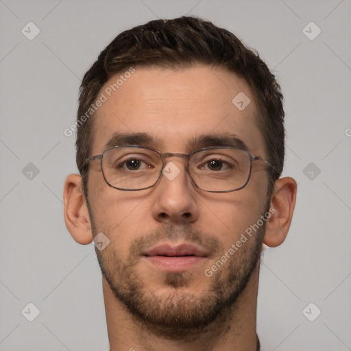 Neutral white young-adult male with short  brown hair and brown eyes