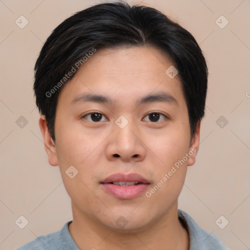 Neutral asian young-adult male with short  brown hair and brown eyes