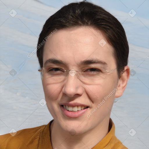 Joyful white adult female with short  brown hair and brown eyes