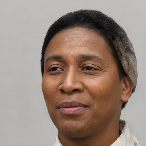 Joyful black adult female with short  brown hair and brown eyes