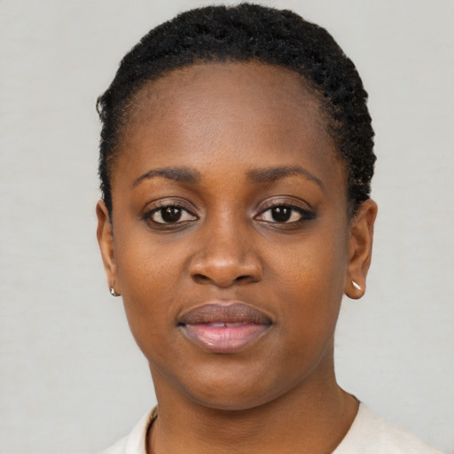 Neutral black young-adult female with short  black hair and brown eyes