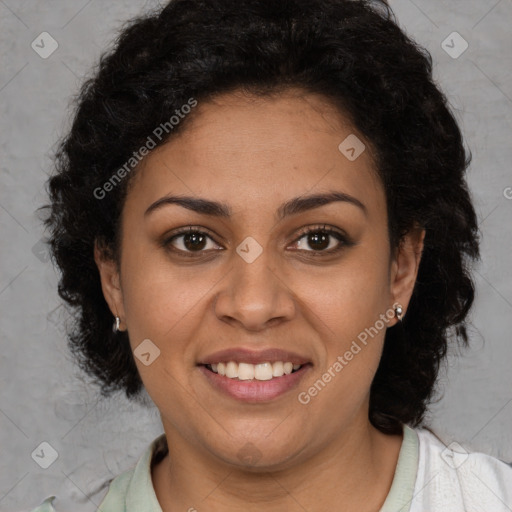 Joyful latino young-adult female with short  brown hair and brown eyes