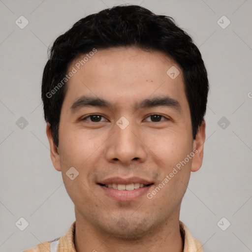 Joyful asian young-adult male with short  black hair and brown eyes