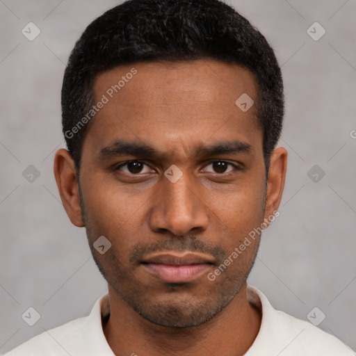 Neutral latino young-adult male with short  black hair and brown eyes