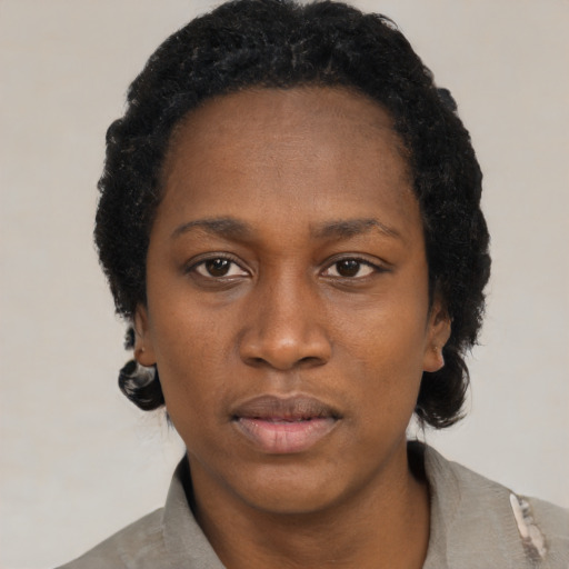 Neutral black young-adult female with short  black hair and brown eyes