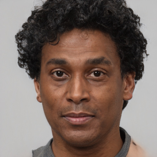 Neutral black adult male with short  black hair and brown eyes