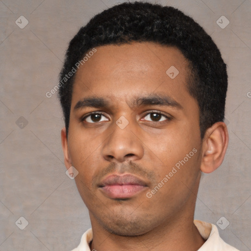 Neutral latino young-adult male with short  black hair and brown eyes