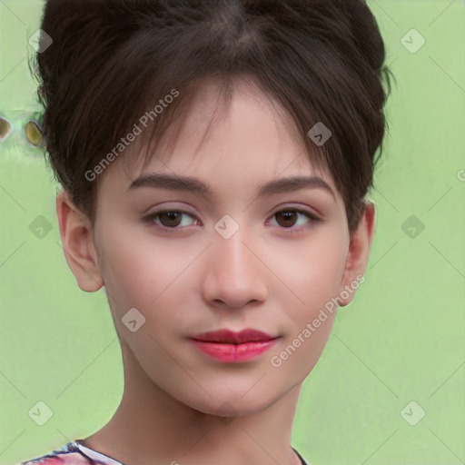 Neutral white young-adult female with short  brown hair and brown eyes