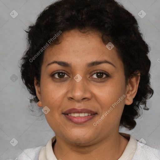 Joyful latino young-adult female with short  brown hair and brown eyes