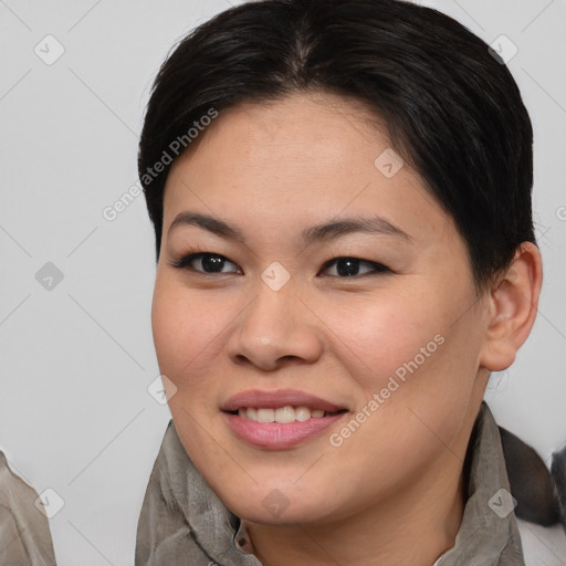 Joyful white young-adult female with short  brown hair and brown eyes