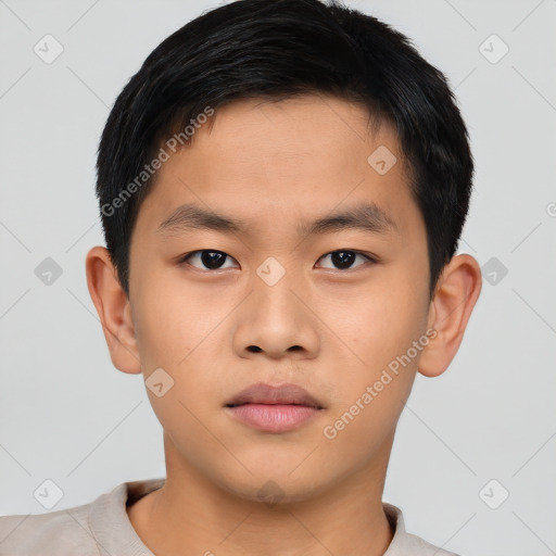 Neutral asian young-adult male with short  brown hair and brown eyes