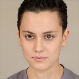 Neutral white young-adult female with short  brown hair and brown eyes