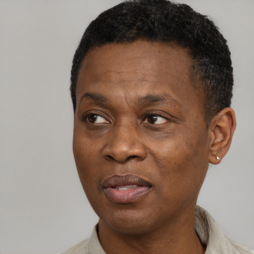 Joyful black adult male with short  brown hair and brown eyes