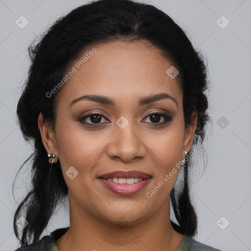 Joyful latino young-adult female with medium  brown hair and brown eyes