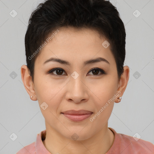 Joyful asian young-adult female with short  brown hair and brown eyes