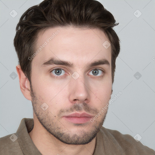 Neutral white young-adult male with short  brown hair and grey eyes