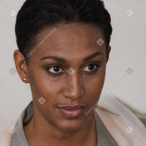 Neutral black young-adult female with short  brown hair and brown eyes