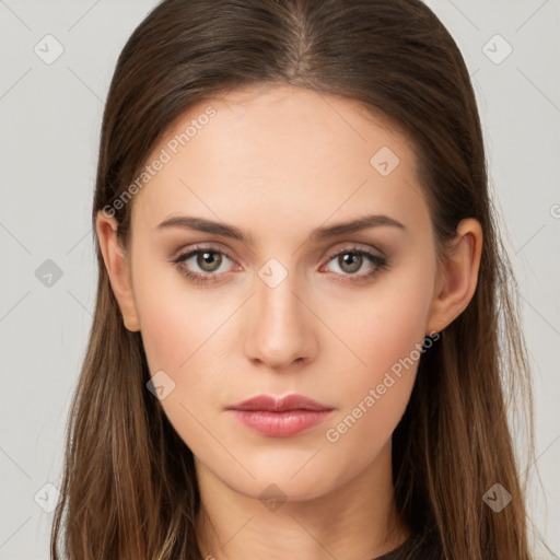 Neutral white young-adult female with long  brown hair and brown eyes