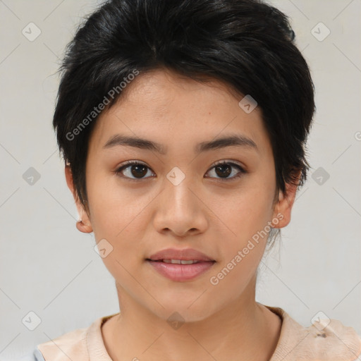 Joyful asian young-adult female with short  brown hair and brown eyes
