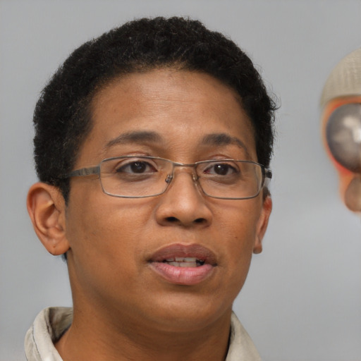 Neutral black adult female with short  brown hair and brown eyes
