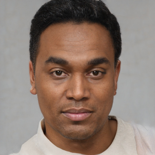 Neutral black young-adult male with short  black hair and brown eyes