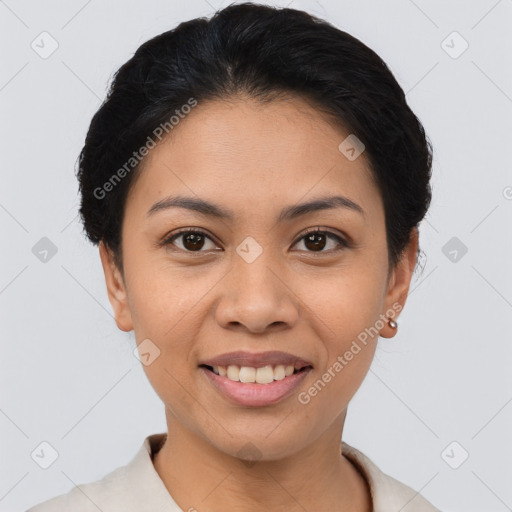 Joyful asian young-adult female with short  brown hair and brown eyes