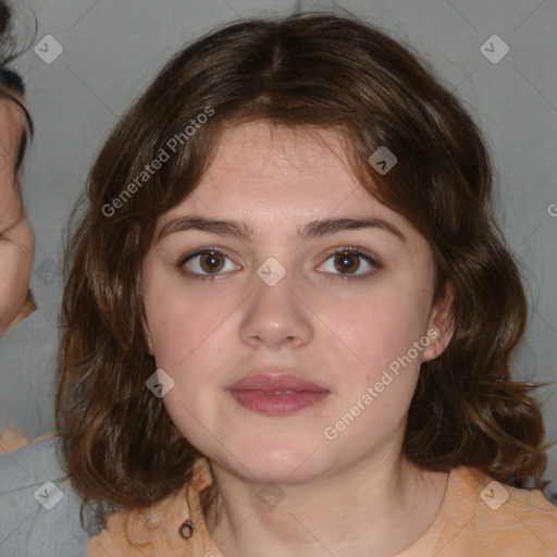 Neutral white young-adult female with medium  brown hair and brown eyes