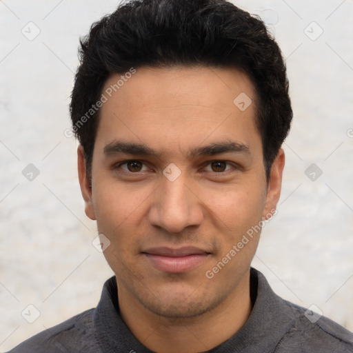 Joyful latino young-adult male with short  black hair and brown eyes