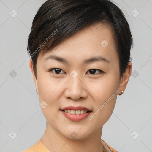 Joyful white young-adult female with short  brown hair and brown eyes