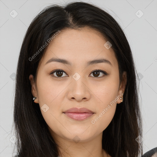 Joyful asian young-adult female with long  brown hair and brown eyes