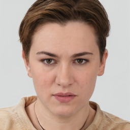 Neutral white young-adult female with short  brown hair and grey eyes