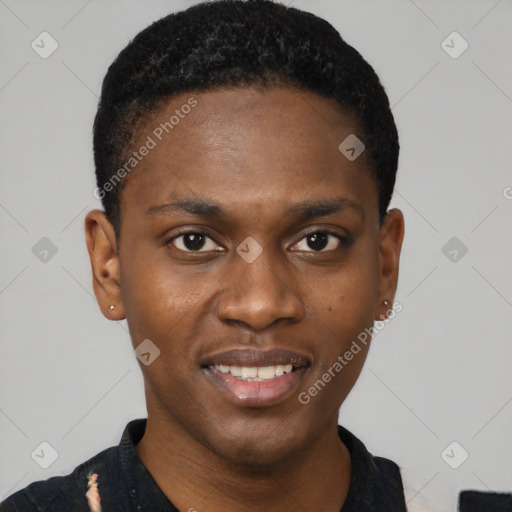 Joyful black young-adult male with short  black hair and brown eyes