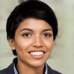 Joyful latino young-adult female with short  black hair and brown eyes