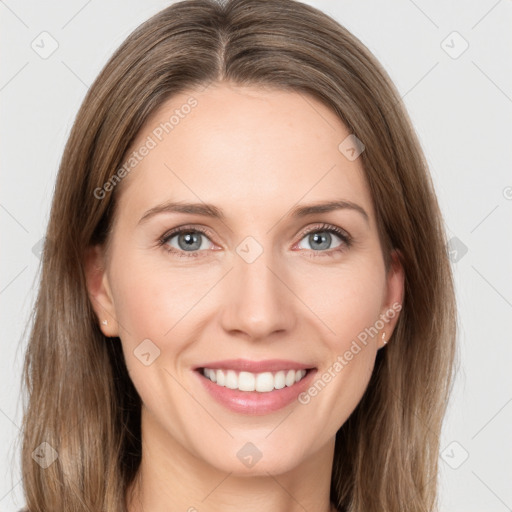 Joyful white young-adult female with long  brown hair and grey eyes