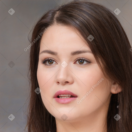 Neutral white young-adult female with long  brown hair and brown eyes